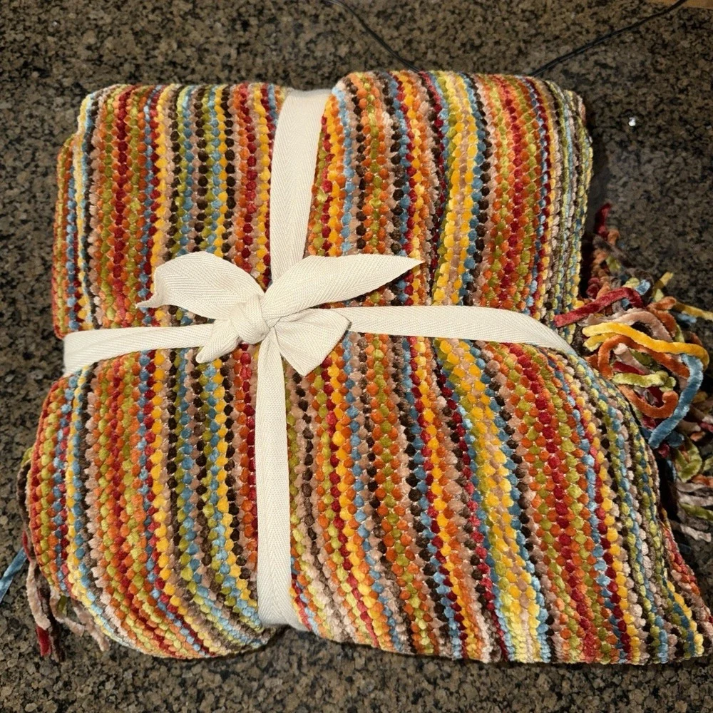 NWT * Pier 1 'JETE' THROW * Chenille Braided Striped Fringe * 50 x 60